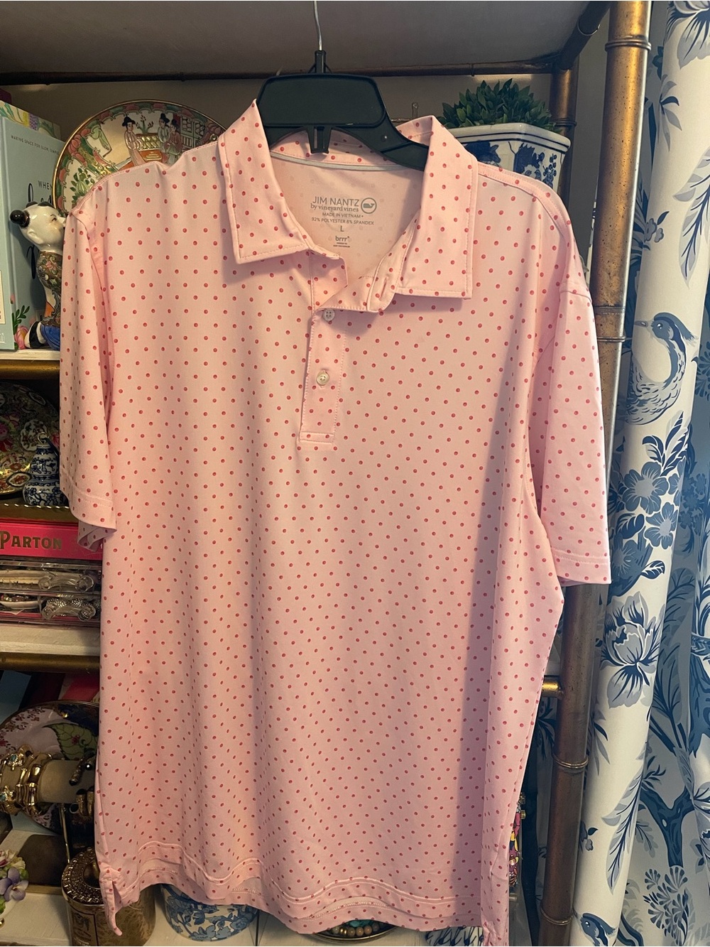 Vineyard Vines x Jim Nantz Pink Polo with Red Micro Dot Print